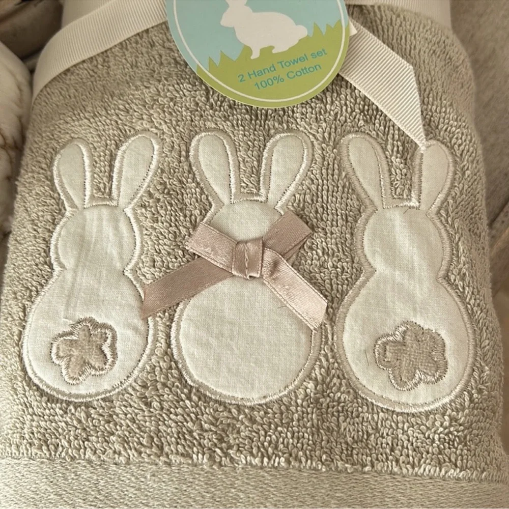 Cottage Farmhouse Boho Easter Spring bunnies beige cotton hand towels